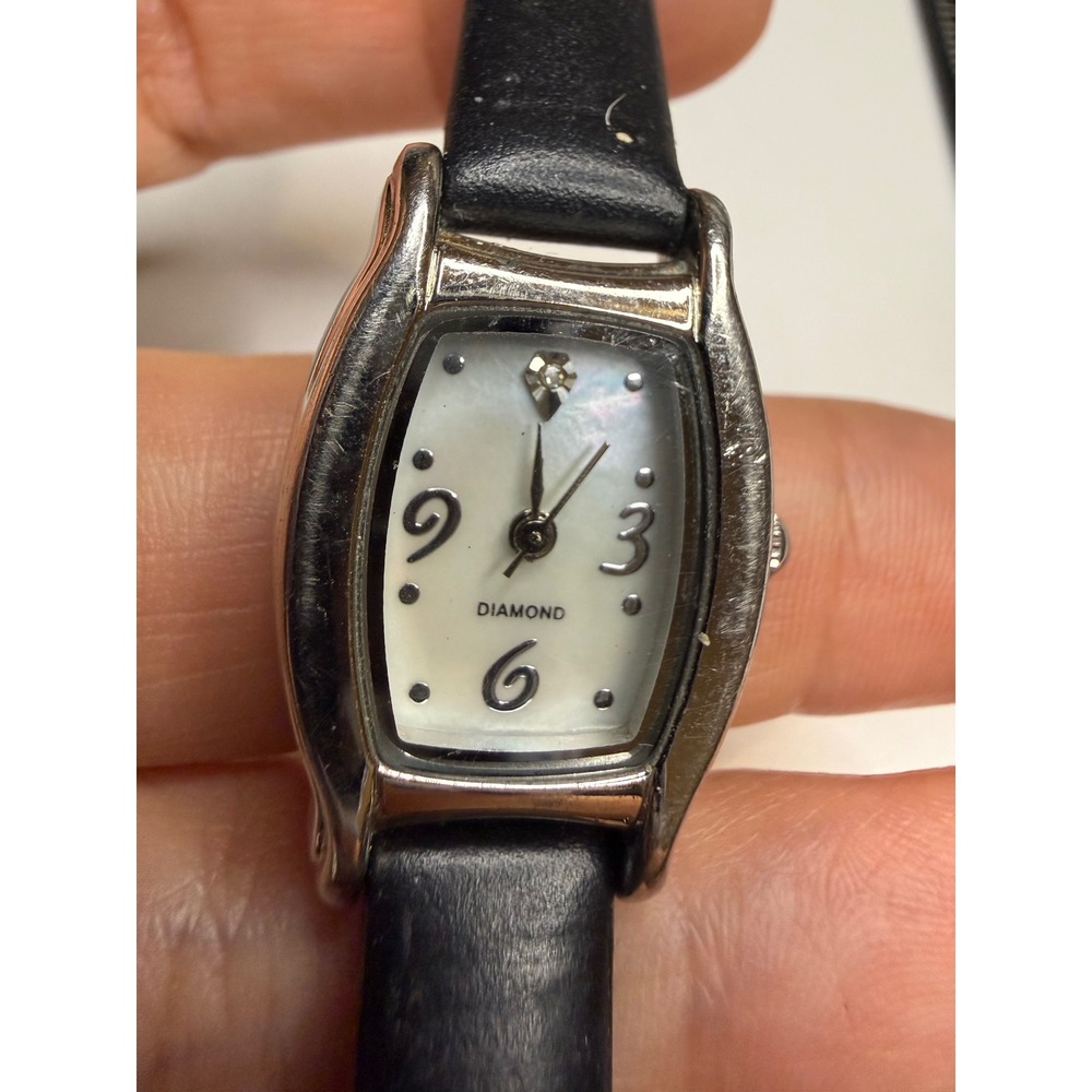 Diamond Accent Mother of Pearl Dial Watch Black Leather Strap F325417-1/LS